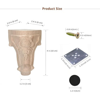 Wooden Furniture Legs with Mounting Plates Screws Set of 4 4 Inch Solid Wood Unfinished Rose European Style Replacement Furniture Feet for Couch Cabinet Sofa Ottoman TV Stand Home DIY Projects (4inch)