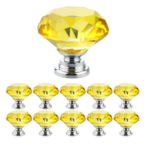 Crystal Glass Cabinet Knobs 30mm Diamond Shape Drawer Kitchen Cabinets Dresser Cupboard Wardrobe Pulls Handles 10 Pcs - color: Yellow