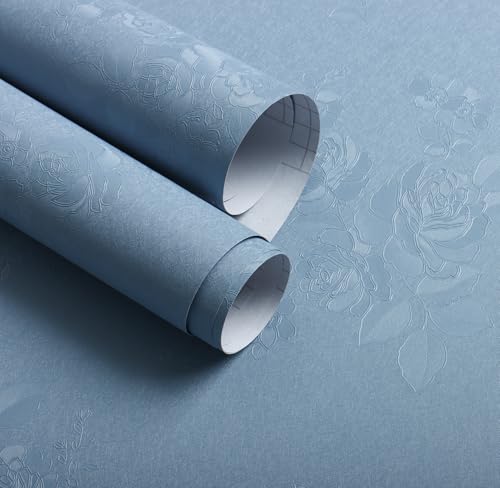 Erfoni Grey Blue Peel and Stick Wallpaper Floral Embossed Contact Paper - color: Blue, size: 17.7" x 197"