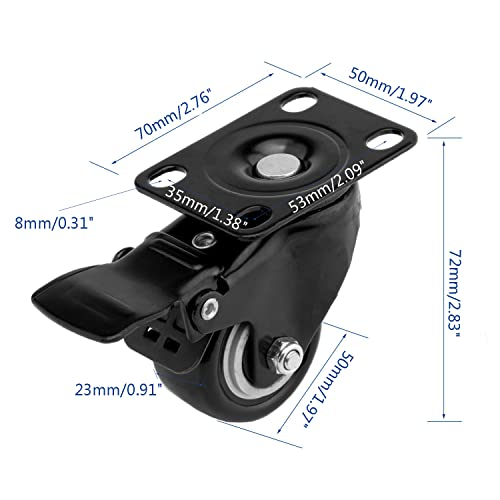 4 PCS 2 inch Heavy Duty Caster Wheels Polyurethane PU Rubber Swivel Casters with Top Plate & Strong Bearing Total 400lb Quite Mute Non-Marking Locking Stem Casters Black (2'') - size: 2''