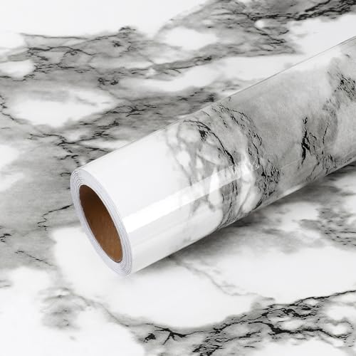 VEELIKE 15.7''x236'' Glossy Black and White Marble Countertop Contact Paper Counter Top Peel and Stick Waterproof Marble Wallpaper Self Adhesive Durable Vinyl Countertops for Kitchen Bathroom Table - size: 15.7" x 236"