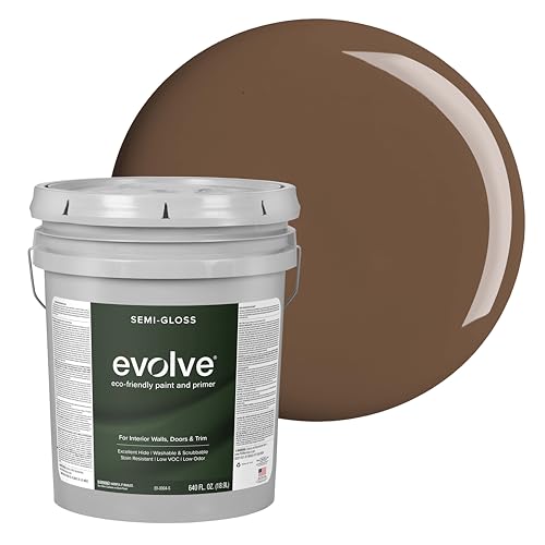 Evolve Interior Paint & Primer, Four Sheens, 1-Gallon & 5-Gallon, Designer Curated Color Palette – One-Coat Coverage, Excellent Hide, Low VOC, Low Odor, Washable Paint for Walls, Ceilings & Trim - Semi-Gloss Sheen (Bark Brown, 5-Gallon (640 fl. Oz.)) - co