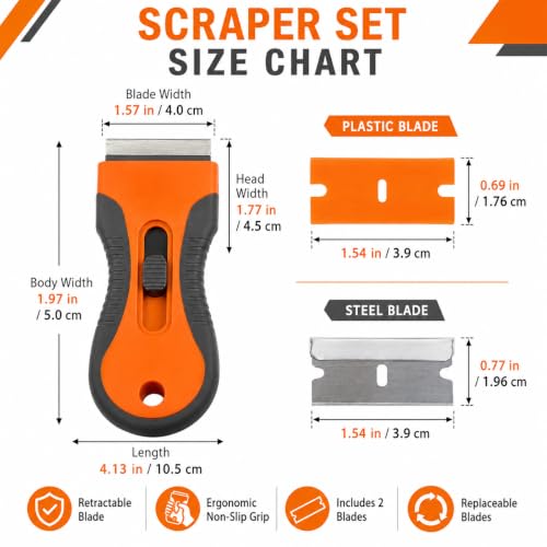 Razor Blade Scraper Tool with 20pcs Extra Blades, Razor Blade Retractable,Safety Lock Paint Stripping Tool, for Removing Labels, Stickers, Decals, Paint from Glass - color: Telescopic scraper