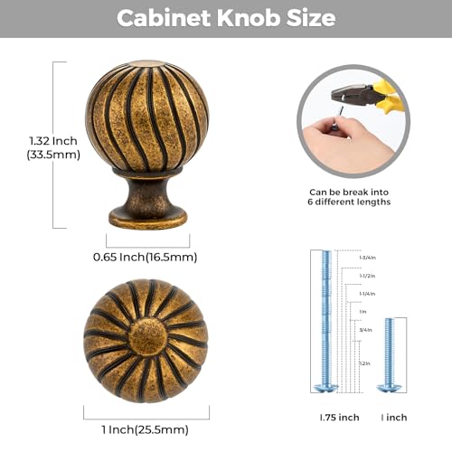 12 Pack Antique Brass Cabinet Knobs, 1 Inch Round Dresser Drawer Knobs - color: Antique Brass