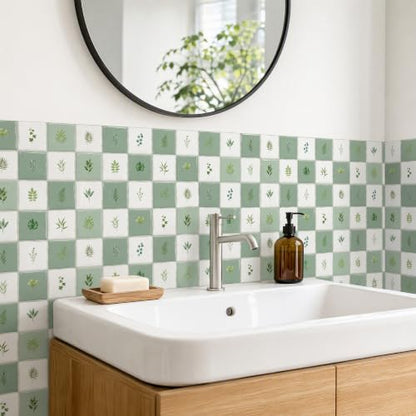 4 Pack Botanical Green Checkerboard Peel & Stick Wall Tiles 6"x6" - color: Botanical Green, size: 4 Pcs 6" x 6" x 0.05"