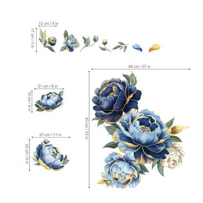 decalmile Blue Flower Gold Leaves Penoy Floral Sofa TV Wall Decals Stickers