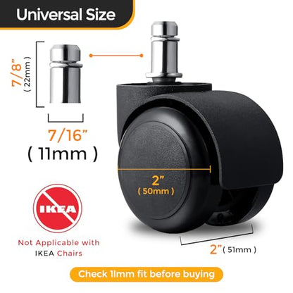 2" Office Chair Caster Wheels, 99% Universal Fit, Quiet Replacement 5 Pack - color: black