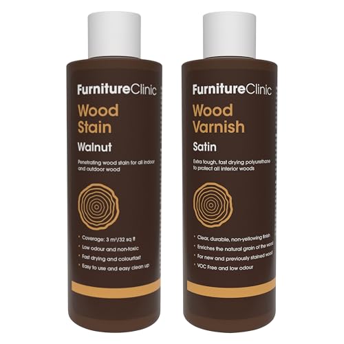 Furniture Clinic 8.5oz Walnut Wood Stain + 250ml Satin Wood Varnish | Water Based | Fast Drying, Low Odor, & Non-Toxic | for Indoor & Outdoor Furniture and More