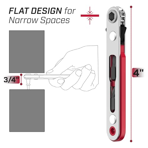 Bates Mini Ratchet Wrench, 1/4" Magnetic 90 Degree Screwdriver, Low Profile Right Angle Screwdriver for Tight Spaces - color: Red, size: 1 pcs