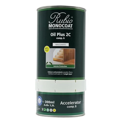 Rubio Monocoat Wood Stain & Finish 650 ft² | Oil Plus 2C | Quick-Dry, Eco-Friendly Linseed Wood Oil for Indoor Use, Includes Accelerator (Part B) | Protector | 1.3 L, Macchiato - color: Macchiato, size: 1.3 Liter