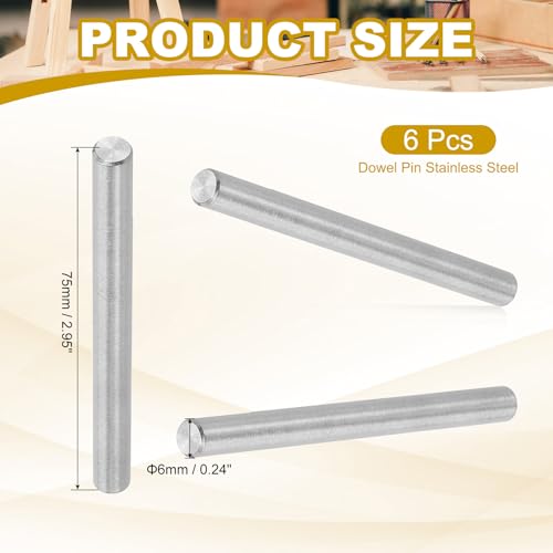 PATIKIL 6mm x 75mm Dowel Pin Stainless Steel, 6 Pcs 304 Stainless Steel Pegs Shelf Pins Rod Support Metal Fasten Elements for Shelves Furniture Fixing Component, Silver - size: 6mm x 75mm