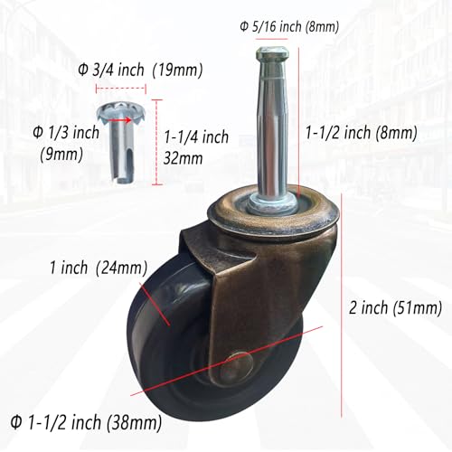 1-1/2 Inch Antique Caster Wheels, Furniture Casters 5/16 Inch x 1-1/2 Inch (8 x 38mm) Casters for Furniture Sofa Chair Cabinet Set of 4 - style: 1.5 Inch no Brake