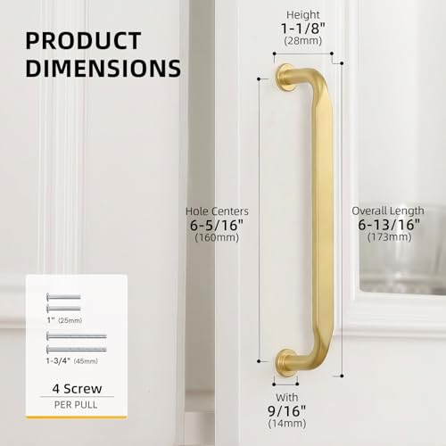 Goldenwarm 10 Pack 6-1/4 Inch Brushed Brass Cabinet Pulls Solid Handles - color: Brushed Brass, size: 6-1/4 Inch Hole Center