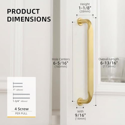 Goldenwarm 10 Pack 6-1/4 Inch Brushed Brass Cabinet Pulls Solid Handles - color: Brushed Brass, size: 6-1/4 Inch Hole Center