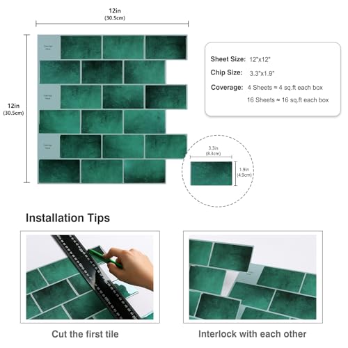 CRE8TIVE 16 Sheets Peel and Stick Subway Tile Green Backsplash Tiles for Kitchen Peel and Stick Tile Stickers Waterproof 12"x12" Renter Friendly Back Splash Stick on Tiles for Bathroom Wall Fireplace - size: 12"x12" (16-Sheets)