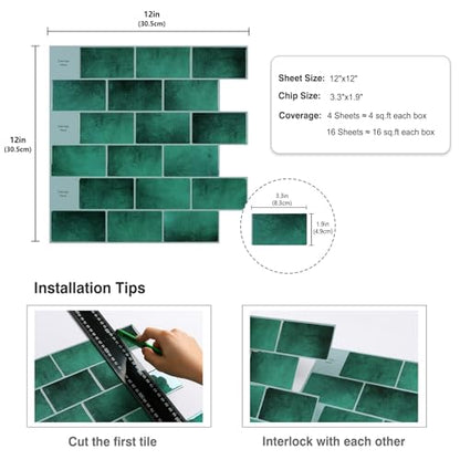 CRE8TIVE 16 Sheets Peel and Stick Subway Tile Green Backsplash Tiles for Kitchen Peel and Stick Tile Stickers Waterproof 12"x12" Renter Friendly Back Splash Stick on Tiles for Bathroom Wall Fireplace - size: 12"x12" (16-Sheets)