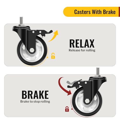 HOLKIE Caster Wheels 4 inch Total Locking Stem Casters, 1/2" -13x 1-1/4" (Stem Diameter 1/2", Stem Length 1-1/4") Threaded Stem Casters Swivel Casters Set of 4 Heavy Duty Castors Black - size: 4 Inch-Black-With Brake (1/2" -13 x 1-1/4")
