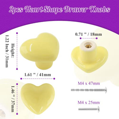 2pcs Ceramic Heart Yellow Drawer Knobs, Cute Cabinet Pulls for Kids - color: Yellow + Heart Shape, size: 2 Pack