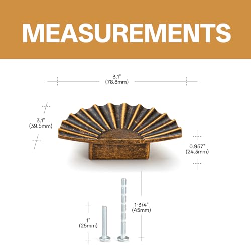 Liron Hardware 10 Pack Antique Brass 32mm Vintage Fan‑Pattern Cabinet pulls - size: 1.26 Inches (32mm) Hole Center
