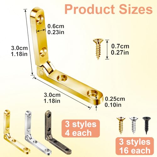 Joez Wonderful 12pcs 90 Degree Hinges, Wooden Box Hinge Cabinet Hardware with 48 Screws, Small Hinge for Jewelry Box Case Chest- Gold & Silver & Bronze - color: Gold & Silver & Bronze