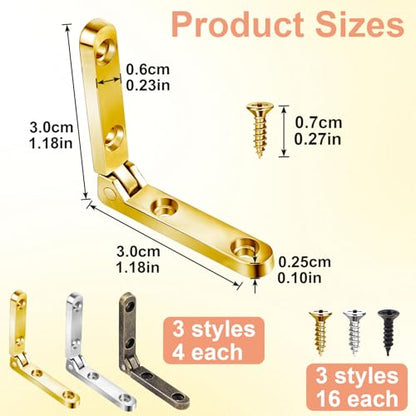 Joez Wonderful 12pcs 90 Degree Hinges, Wooden Box Hinge Cabinet Hardware with 48 Screws, Small Hinge for Jewelry Box Case Chest- Gold & Silver & Bronze - color: Gold & Silver & Bronze