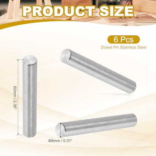 PATIKIL 8mm x 60mm Dowel Pin Stainless Steel, 6 Pcs 304 Stainless Steel Pegs Shelf Pins Rod Support Metal Fasten Elements for Shelves Furniture Fixing Component, Silver - size: 8mm x 60mm