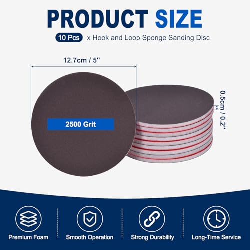 10Pcs 5 Inch Hook and Loop Sponge Sanding Disc, 2500 Grit - size: 5 Inch 2500 Grit