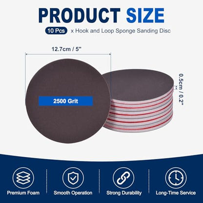 10Pcs 5 Inch Hook and Loop Sponge Sanding Disc, 2500 Grit - size: 5 Inch 2500 Grit