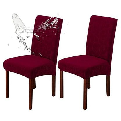 Waterproof Dining Room Chair Covers, Stretch Parsons Chair Slipcovers - color: Flower Pattern-wine Red, size: Regular-2 Pack