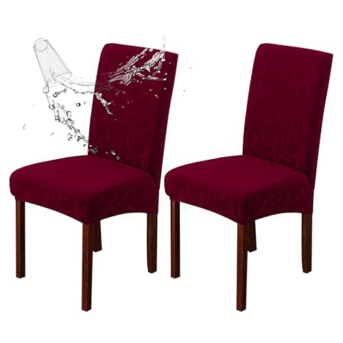 Waterproof Dining Room Chair Covers, Stretch Parsons Chair Slipcovers - color: Flower Pattern-wine Red, size: Regular-2 Pack