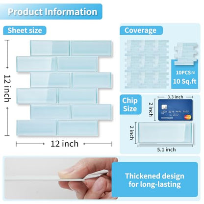 Art3d Seaglass Subway Design Peel and Stick Backsplash, 10-Pack, Aqua Blue - color: Aqua Blue