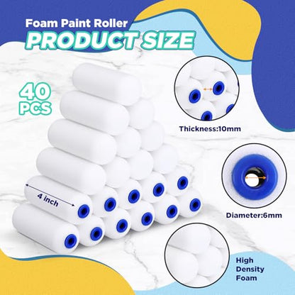 Nuenen 40 Pcs Mini Foam Paint Roller Covers, High Density for Walls, 4 Inch