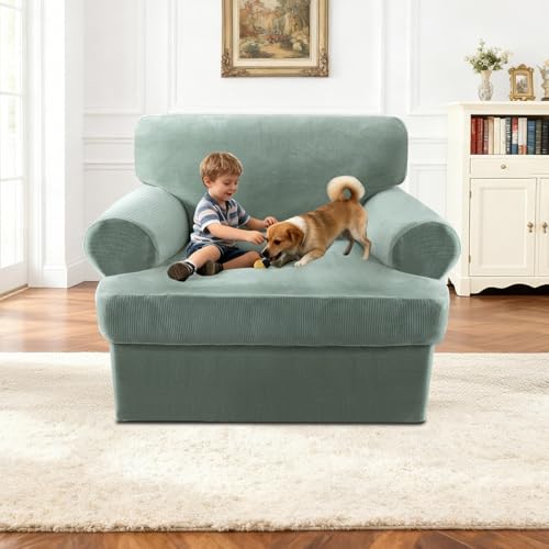 2 Pieces T Cushion Chair Covers with Arms Thick Velvet Couch Cover Stretch T Cushion Sofa Covers for Living Room Chair Cover with Individual T Cushion Covers , Washable (1 Cushion Chair, Sea Grass) - color: Sea Grass, size: Armchair (1 Cushion)