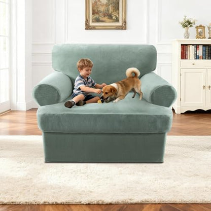 2 Pieces T Cushion Chair Covers with Arms Thick Velvet Couch Cover Stretch T Cushion Sofa Covers for Living Room Chair Cover with Individual T Cushion Covers , Washable (1 Cushion Chair, Sea Grass) - color: Sea Grass, size: Armchair (1 Cushion)