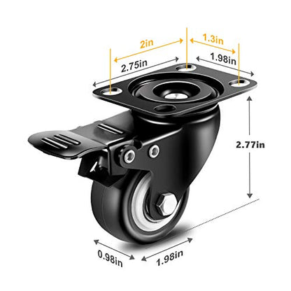 2 inch Casters Set of 4 with Brake, Polyurethane (PU) and Floor Protection, Noise-Free 360 Degree Swivel Wheels, Load Capacity-800lbs, Set of 4 (Includes Complete Screws Sets with Accessories) - size: 2 inch V-Black
