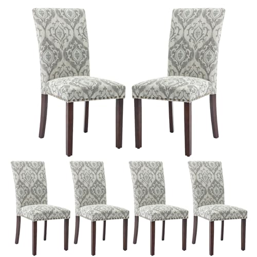 COLAMY Upholstered Parsons Dining Chairs Set of 6, Fabric Dining Room Kitchen Side Chair with Nailhead Trim and Wood Legs - Grey/White Flower - color: Grey/White Flower, size: Set of 6