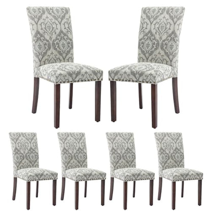 COLAMY Upholstered Parsons Dining Chairs Set of 6, Fabric Dining Room Kitchen Side Chair with Nailhead Trim and Wood Legs - Grey/White Flower - color: Grey/White Flower, size: Set of 6