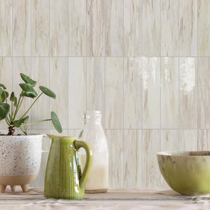 Vamos Tile Peel and Stick Backsplash, Glossy 40-Piece 3''x12'' Subway Tile - color: Eurasian Wood Grain with White Grout