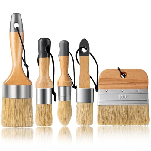 5 Pack Natural Bristle Chalk Wax Brush, Brushes for Furniture - size: 1 Large, 3 Small, Paddle Brush