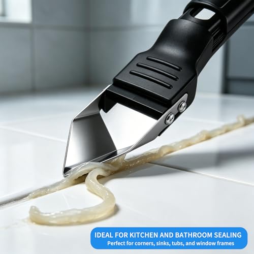 3 in 1 Silicone Caulking Tool with Stainless Steel Head, Black Sealant Remover and Finishing Scraper for Bathroom, Kitchen, Window and Tile