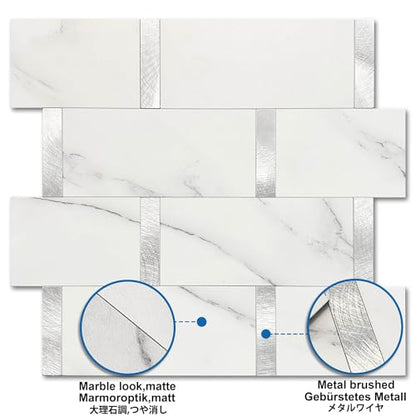 Subway Backsplash Peel and Stick Backsplash Tile White Silver 5pcs - color: White Silver, size: 5sheets