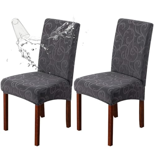 Waterproof Dining Room Chair Covers, Stretch Parsons Chair Slipcovers - color: Flower Pattern-dark Gray, size: Regular-2 Pack