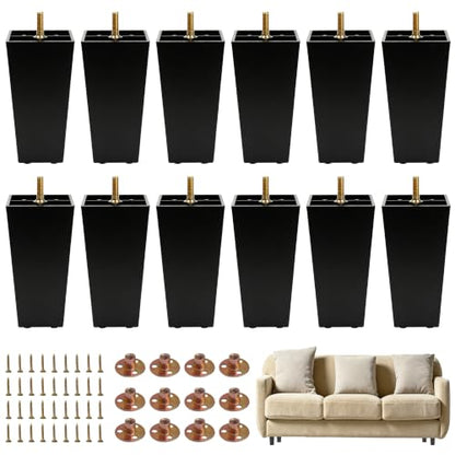 FabricJoy 12 Pack 6 Inch Plastic Furniture Legs Square Sofa Couch Legs Replacement Tapered Feet with M8 T-Nuts Screws for Legs Sofas Table Chairs Cabinets Dressers Beds - size: 6 inch