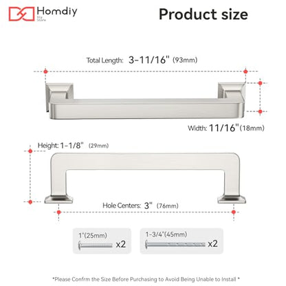homdiy 20 Pack 3 Inch Brushed Nickel Cabinet Pulls, Solid Zinc Alloy - color: Brushed Nickel, size: 3" Hole Center