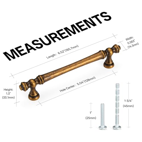 Liron Hardware 10 Pack Antique Brass 5 Inch Vintage Kitchen Cabinet Handles - size: 5 Inches (128mm) Hole Center