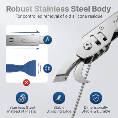 6-in-1 Caulking Tool Kit for Removing Old Caulk and Smoothing New Sealant, Stainless Steel Caulk Remover with 5 Silicone Pads for Bathroom, Kitchen, Window, Sink and Tile - color: ‎silver