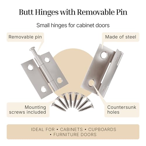 Nickel Butt Hinges with Removable Pin - 1-1/2" x 1-1/2" - Pack of 2 - Cabinet Door Hinges - UA-266-HPN (1) - color: Nickel