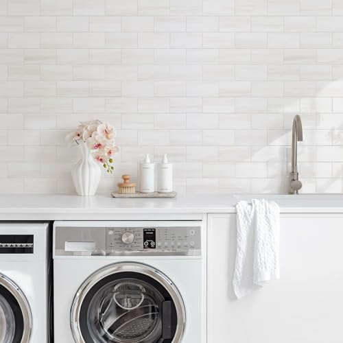 Vamos Tile 100-Piece Glossy Dolomite White Peel and Stick Backsplash Tile,3''x6'' PVC Subway Tile with White Grout, Stick on Backsplash for Kitchen/Bathroom/Fireplace - color: Dolomite White