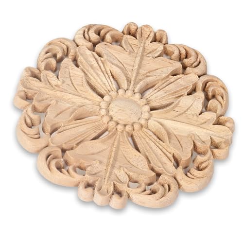 4Pcs Round Solid Wood Carved Appliques 5.1x5.1in Unpainted Furniture Onlays