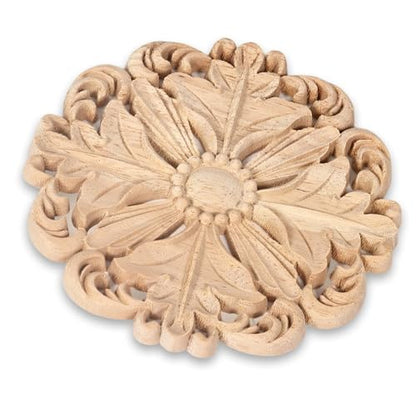 4Pcs Round Solid Wood Carved Appliques 5.1x5.1in Unpainted Furniture Onlays